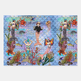 Magical Mythical Mermaids surrounded by sea life Wrapping Paper Sheet