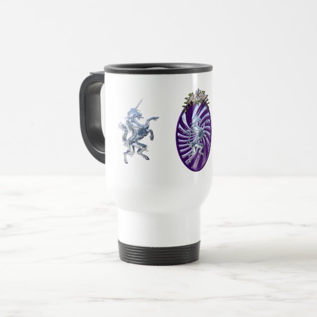 Magical Mythical Silver Unicorn Travel Mug (Front Left)