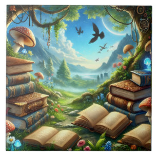 Magical Nature and Old Books Ceramic Tile