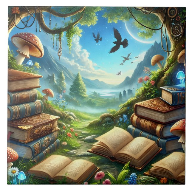 Magical Nature and Old Books Ceramic Tile (Front)