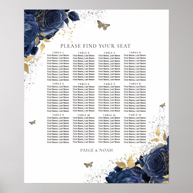 Magical Navy & Gold Roses Wedding Seating Chart (Front)