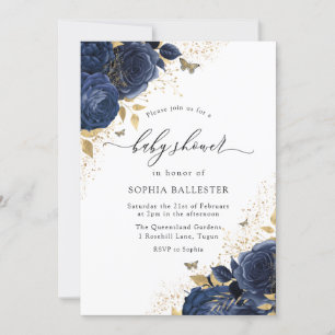 Magical Navy Indigo Blue Roses & Gold Baby Shower Invitation