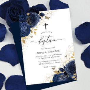 Magical Navy Indigo Blue Roses & Gold Baptism Invitation