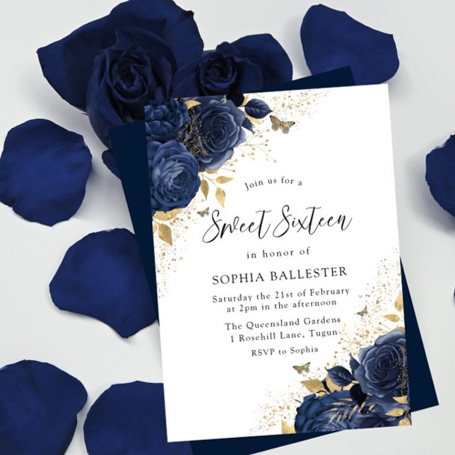 Magical Navy Indigo Blue Roses & Gold Sweet 16 Invitation (Creator Uploaded)