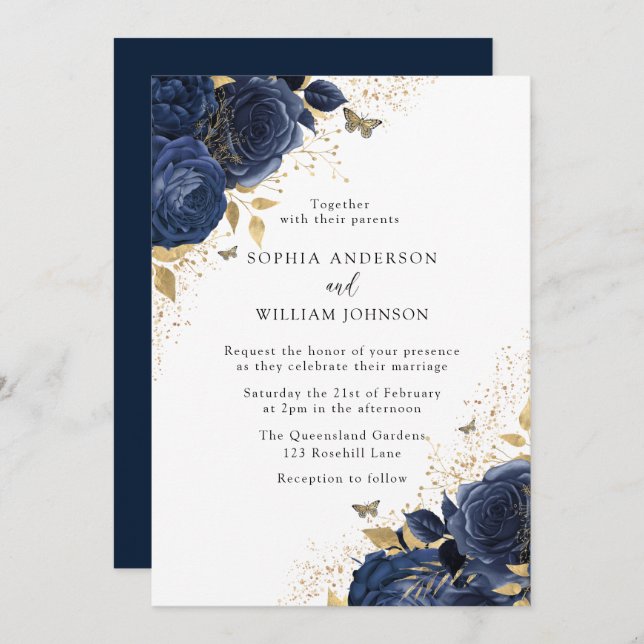 Magical Navy Indigo Blue Roses & Gold Wedding Invitation (Front/Back)
