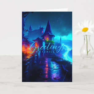 Magical Neon Fantasy Castle Cyberpunk Night Card