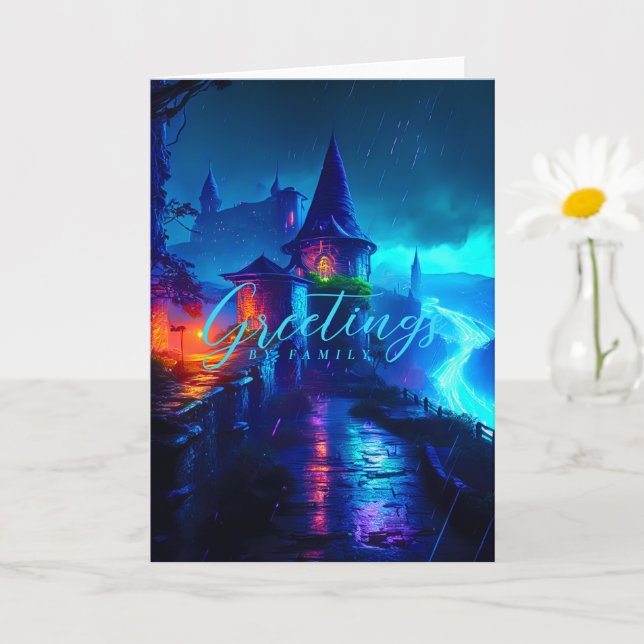 Magical Neon Fantasy Castle Cyberpunk Night Card (Small Plant)