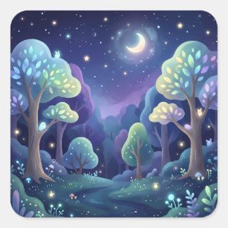 Magical Night Forest and Glowing Pastel Trees Square Sticker