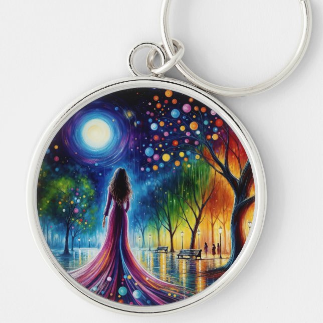 Magical night sky with glowing orbs lanterns art key ring (Front)