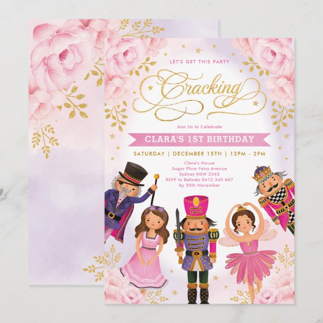 Magical Nutcracker Blush Gold Floral Girl Birthday Invitation (Front/Back)