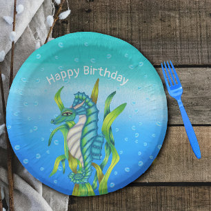 Magical Ocean Sea Dragon Horns Seaweed Blues Paper Plate