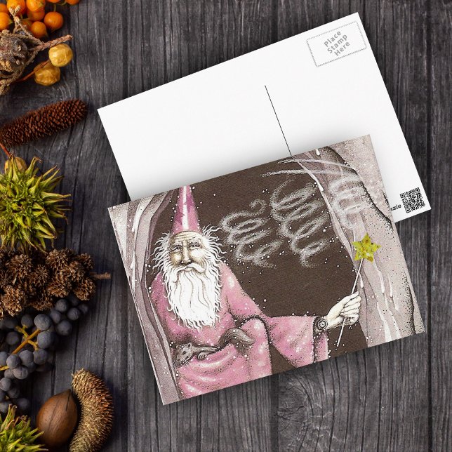 Magical Old Wizard Elf Magic Wand Star Postcard (Wizard pink robes hat with star wand and ferret in his lap in a cave on a postcard.)