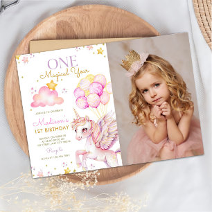Magical One Unicorn 1st Birthday Party Photo Invitation
