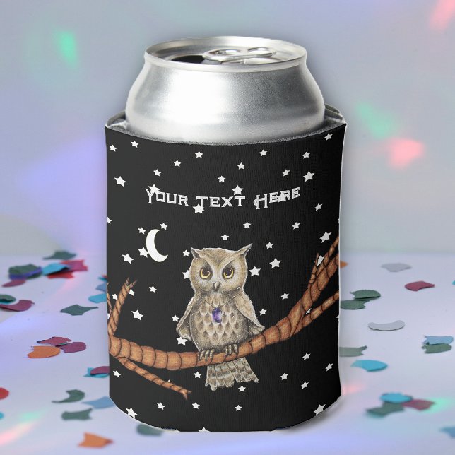 Magical Owl on Branch Purple Crystal Moon Stars Can Cooler (Magical owl purple crystal in tree black night sky with moon and stars on drink can cooler.)
