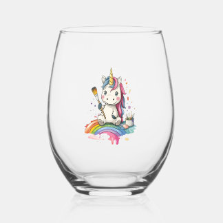 Magical Painter Unicorn (1) Stemless Wine Glass