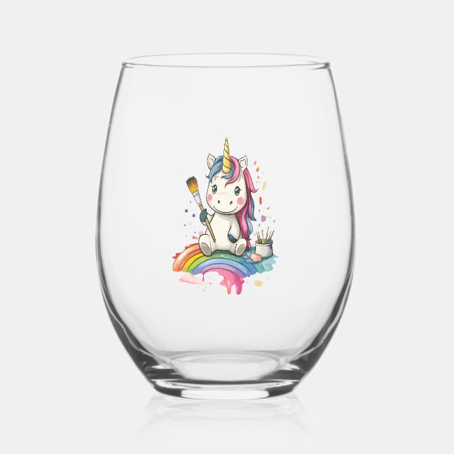 Magical Painter Unicorn (1) Stemless Wine Glass (Front)