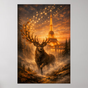 Magical Paris Stag Eiffel Tower Autumn Poster