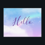 Magical Pastel Clouds and a Rainbow Hello Postcard<br><div class="desc">A postcard with a soft and lovely background image. Pastel blues and pink clouds with a magical rainbow.</div>