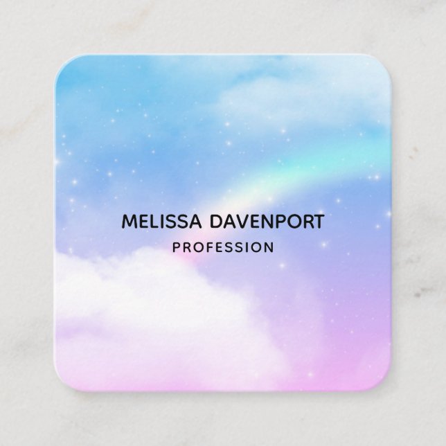 Magical Pastel Clouds and a Rainbow Square Business Card (Front)