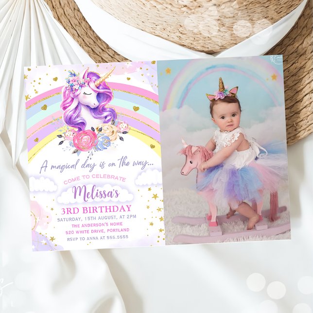 Magical Pastel Rainbow Unicorn Birthday Photo Invitation (Creator Uploaded)