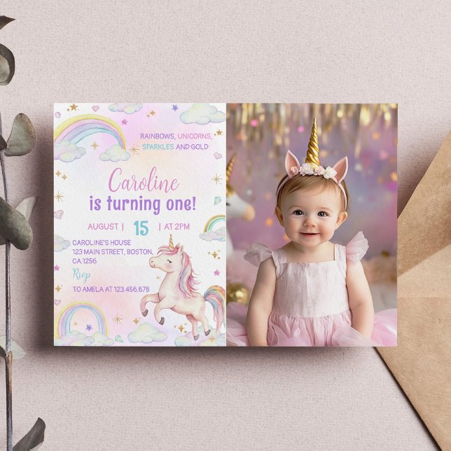 Magical Pastel Unicorn Birthday Photo Invitation (Creator Uploaded)