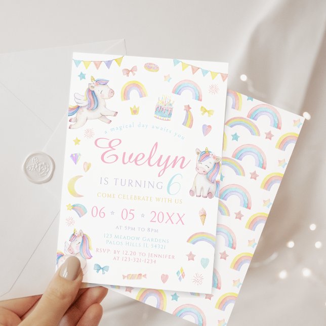 Magical pastel unicorn rainbow birthday girl invitation (Creator Uploaded)