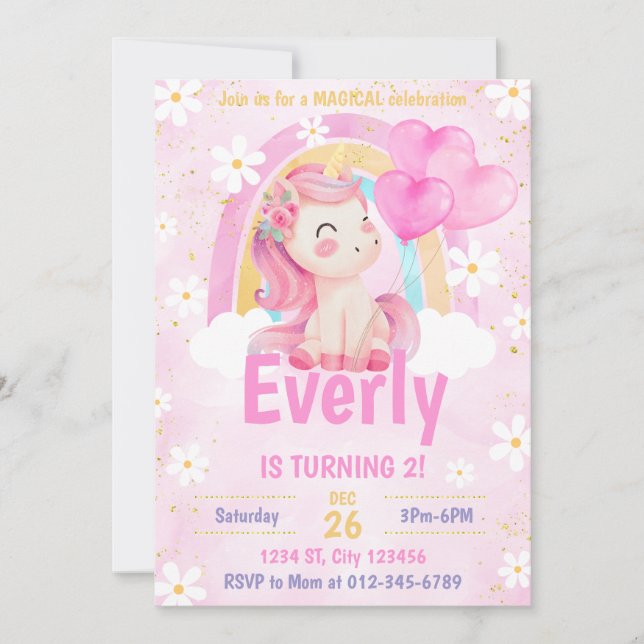 Magical Pastel Unicorn Rainbow Birthday Invite  (Front)