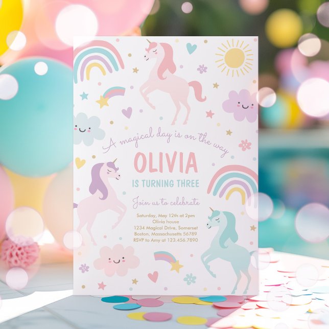 Magical Pastel Unicorn Rainbow Birthday Party Invitation (Creator Uploaded)