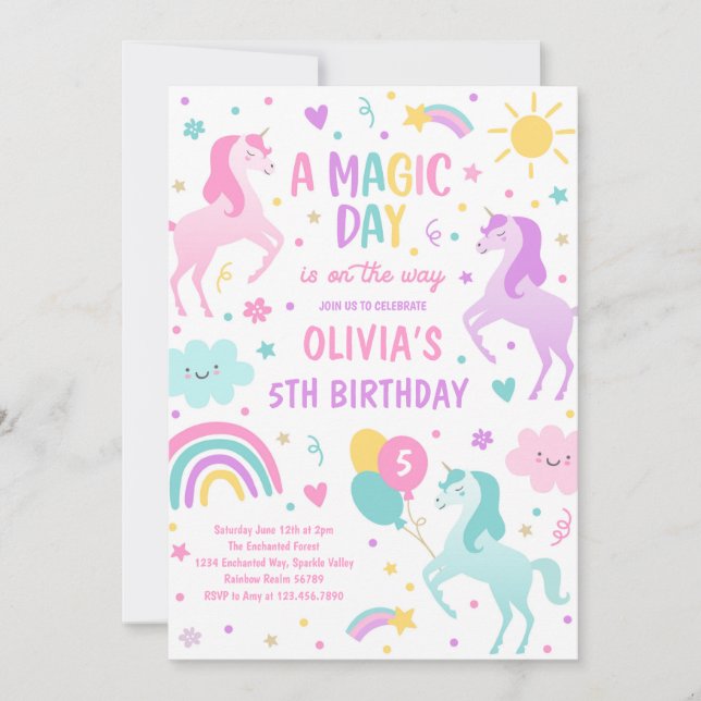 Magical Pastel Unicorn Rainbow Birthday Party Invitation (Front)