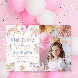 Magical Pastel Unicorn Rainbow Birthday Photo Invitation
