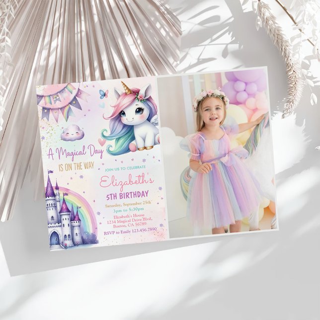Magical Pastel Unicorn Rainbow Birthday Photo Invitation (Creator Uploaded)