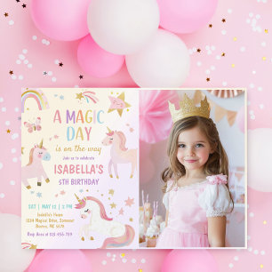 Magical Pastel Unicorn Rainbow Birthday Photo Invitation