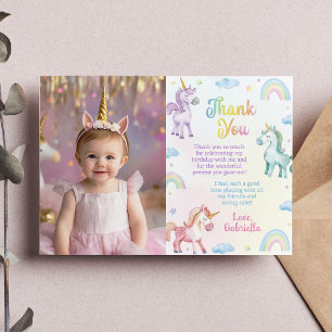 Magical Pastel Unicorn Rainbow Birthday Photo Thank You Card