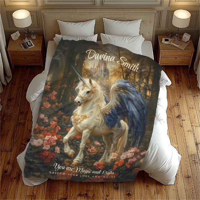 Magical Pegasus White Blue Fantasy Unicorn Fleece Blanket (Creator Uploaded)