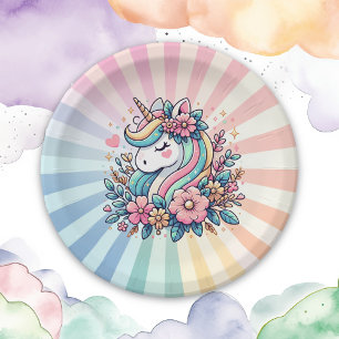 Magical Pink and Gold Unicorn and Flowers Paper Plate