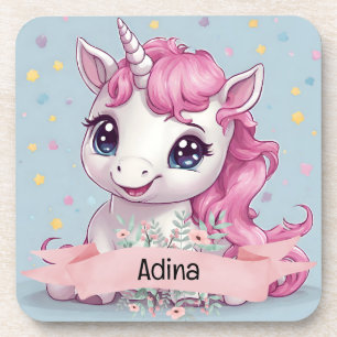 Magical Pink Baby Unicorn Stars Custom Name Coaster