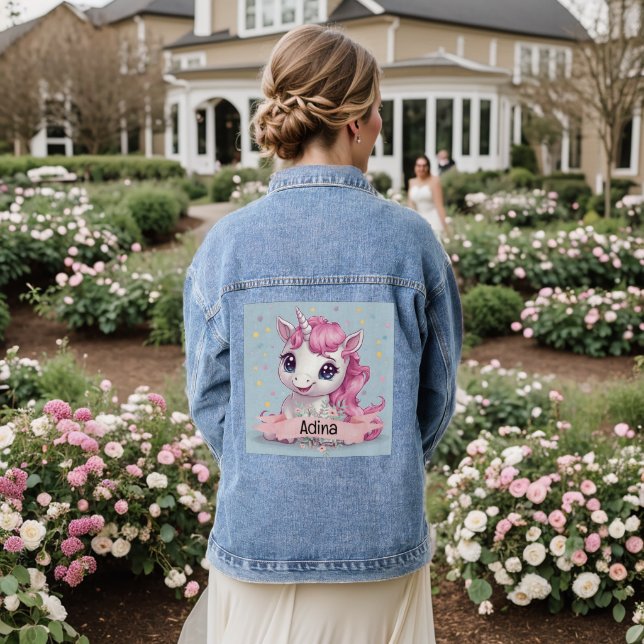 Magical Pink Baby Unicorn Stars Custom Name Denim Jacket (Wedding Back)