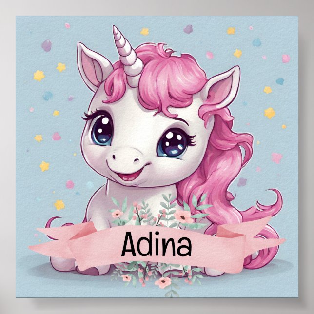 Magical Pink Baby Unicorn Stars Custom Name Poster (Front)
