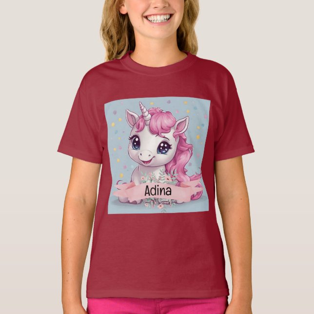 Magical Pink Baby Unicorn Stars Custom Name T-Shirt (Front)