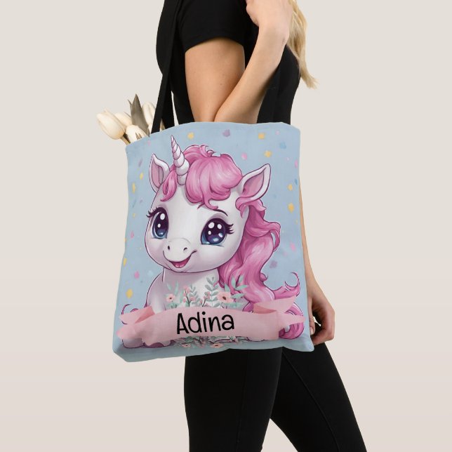 Magical Pink Baby Unicorn Stars Custom Name Tote Bag (Close Up)