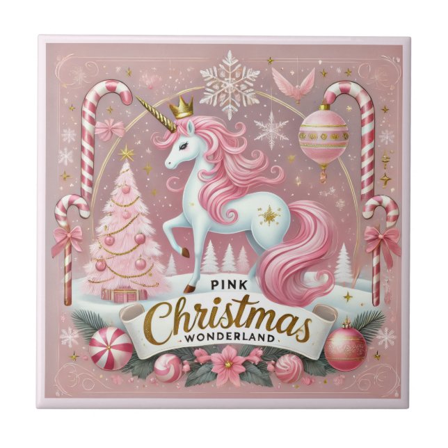 Magical Pink Christmas Wonderland Unicorn Tile (Front)