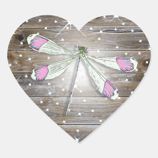 Magical Pink Dragonfly Sparkles Heart Sticker (Front)