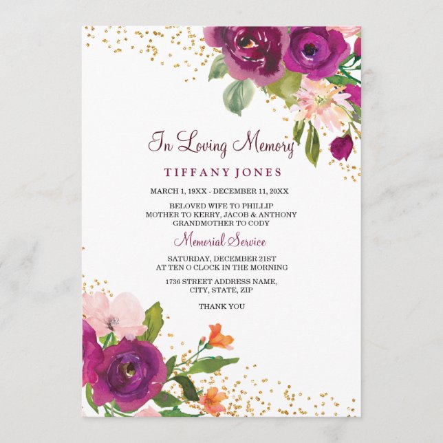 Magical Pink Floral Memorial Service Invite (Front)