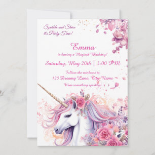 Magical Pink Floral Unicorn Watercolor Birthday Invitation