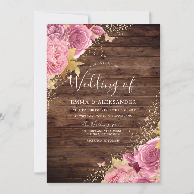 Magical Pink Flowers with Glitter Rustic Wedding Invitation (Front)