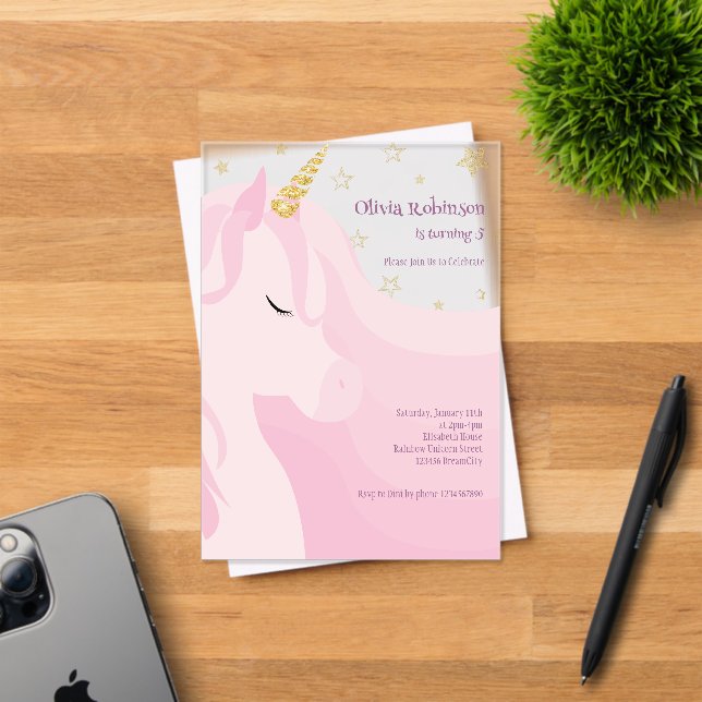 Magical Pink Gold Unicorn Birthday  Acrylic Invitations (Insitu (Invitation Card))