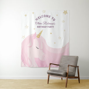 Magical Pink Gold Unicorn Birthday Backdrop Tapestry