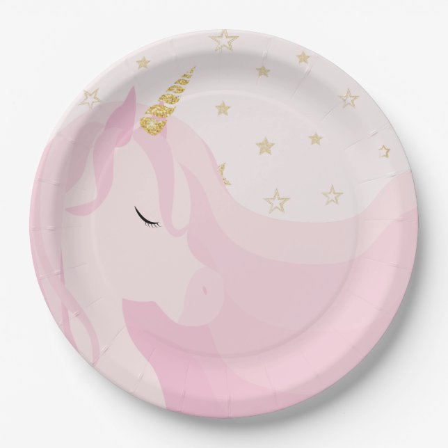 Magical Pink Gold Unicorn Birthday  Paper Plate (Front)