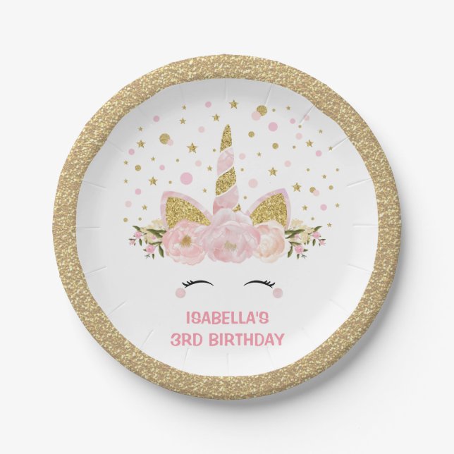 Magical Pink Gold Unicorn Birthday Party Paper Plate (Front)