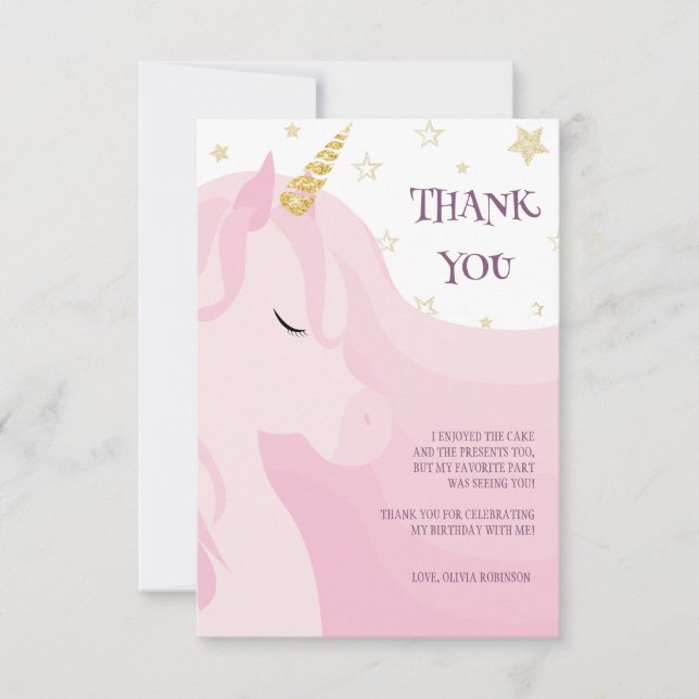 Magical Pink Gold Unicorn Birthday  Thank You Card (Front)